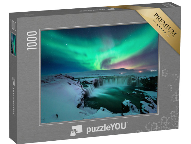 puzzle 1000 dílků „Polární záře nad vodopádem Godafoss na zimním Islandu“