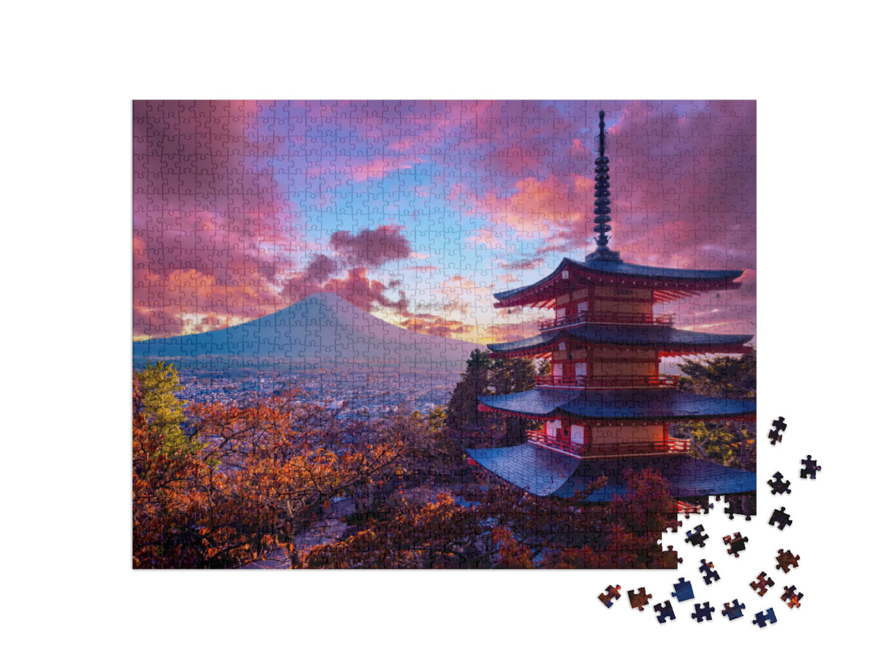 puzzle 1000 dílků „Krásný západ slunce, pagoda Chureito a hora Fudži, Japonsko“