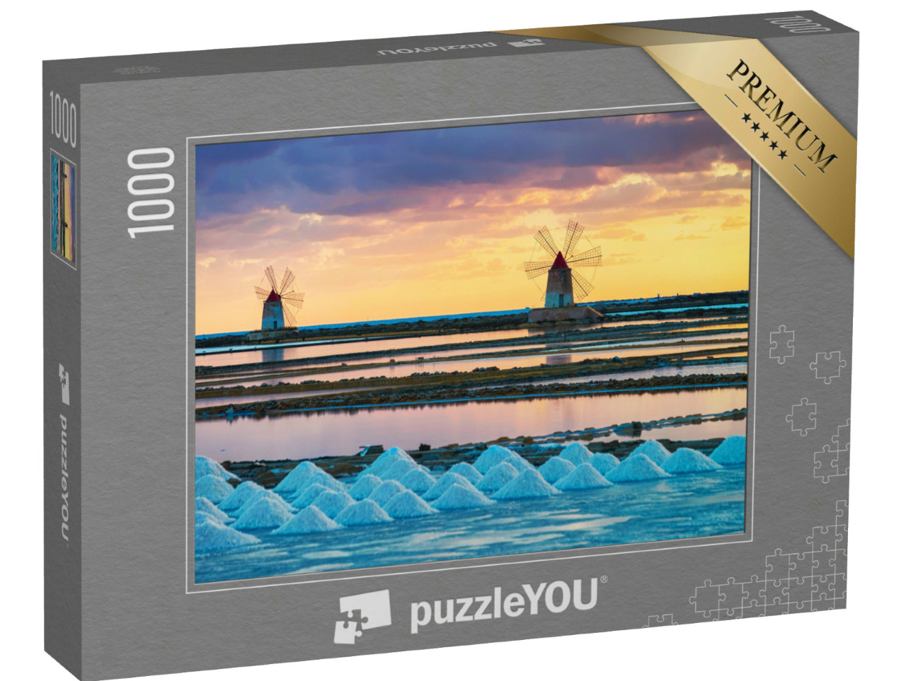 puzzle 1000 dílků „Větrné mlýny v solných pánvích v Marsale na Sicílii“