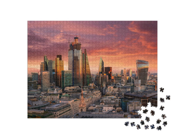 puzzle 1000 dílků „Ohnivý západ slunce nad londýnskou finanční čtvrtí, Anglie“