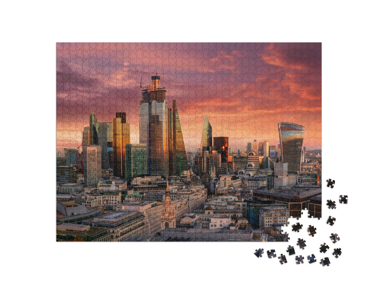 puzzle 1000 dílků „Ohnivý západ slunce nad londýnskou finanční čtvrtí, Anglie“