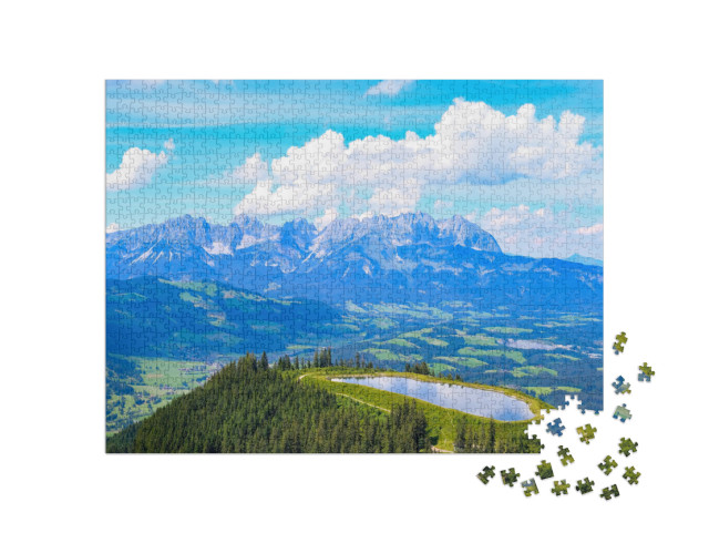 puzzle 1000 dílků „Panoramatický výhled na pohoří Wilder Kaiser u Kitzbühelu, Rakousko“