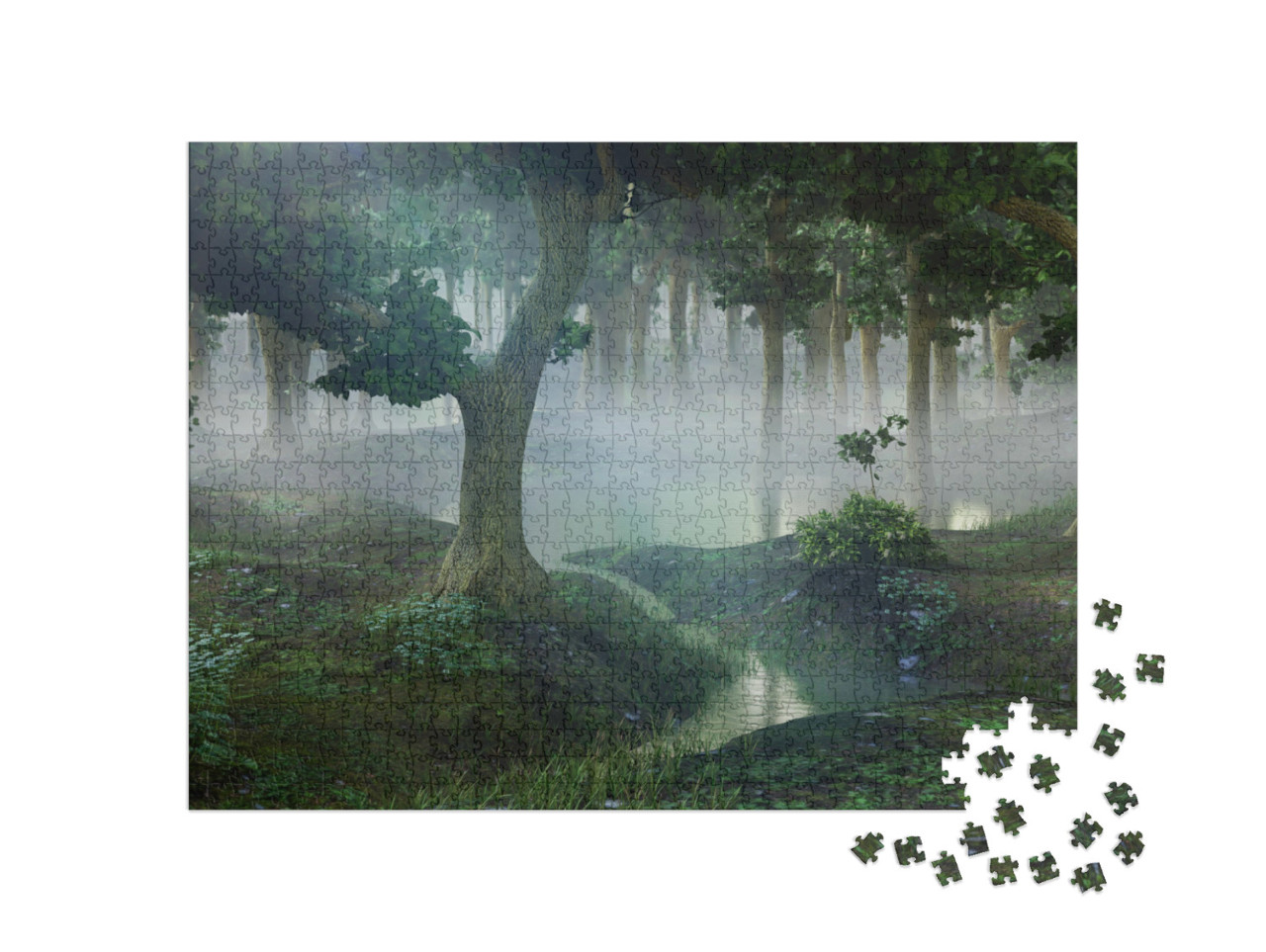 puzzle 1000 dílků „Mlžný les fantazie s rybníky“