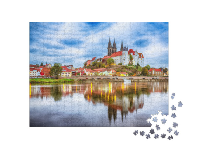 puzzle 1000 dílků „Zámek Albrechtsburg a katedrála na Labi při západu slunce, Míšeň“