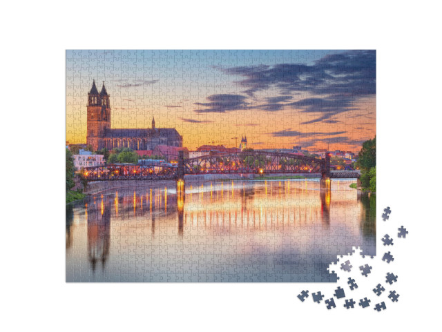 puzzle 1000 dílků „Obraz Magdeburgu s Labem při západu slunce, Německo“