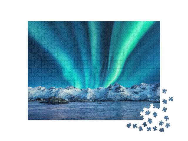 puzzle 1000 dílků „Polární záře nad zasněženými horami na Lofotách, Norsko“