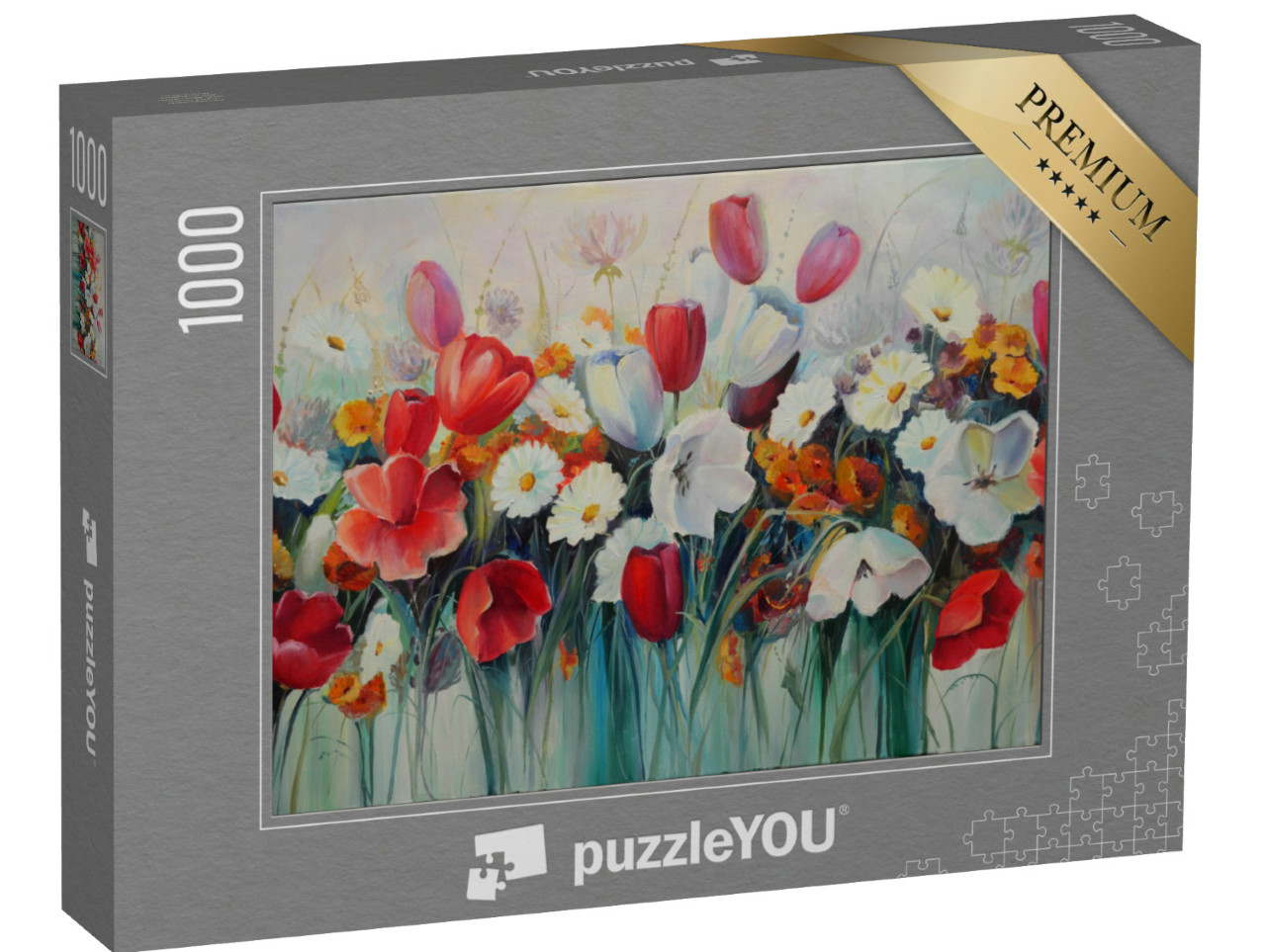 puzzle 1000 dílků „Olejomalba: červené a bílé tulipány“