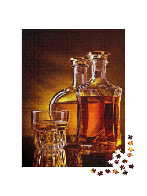 puzzle 1000 dílků „Sklenice s kostkami ledu a dvěma lahvemi whisky“