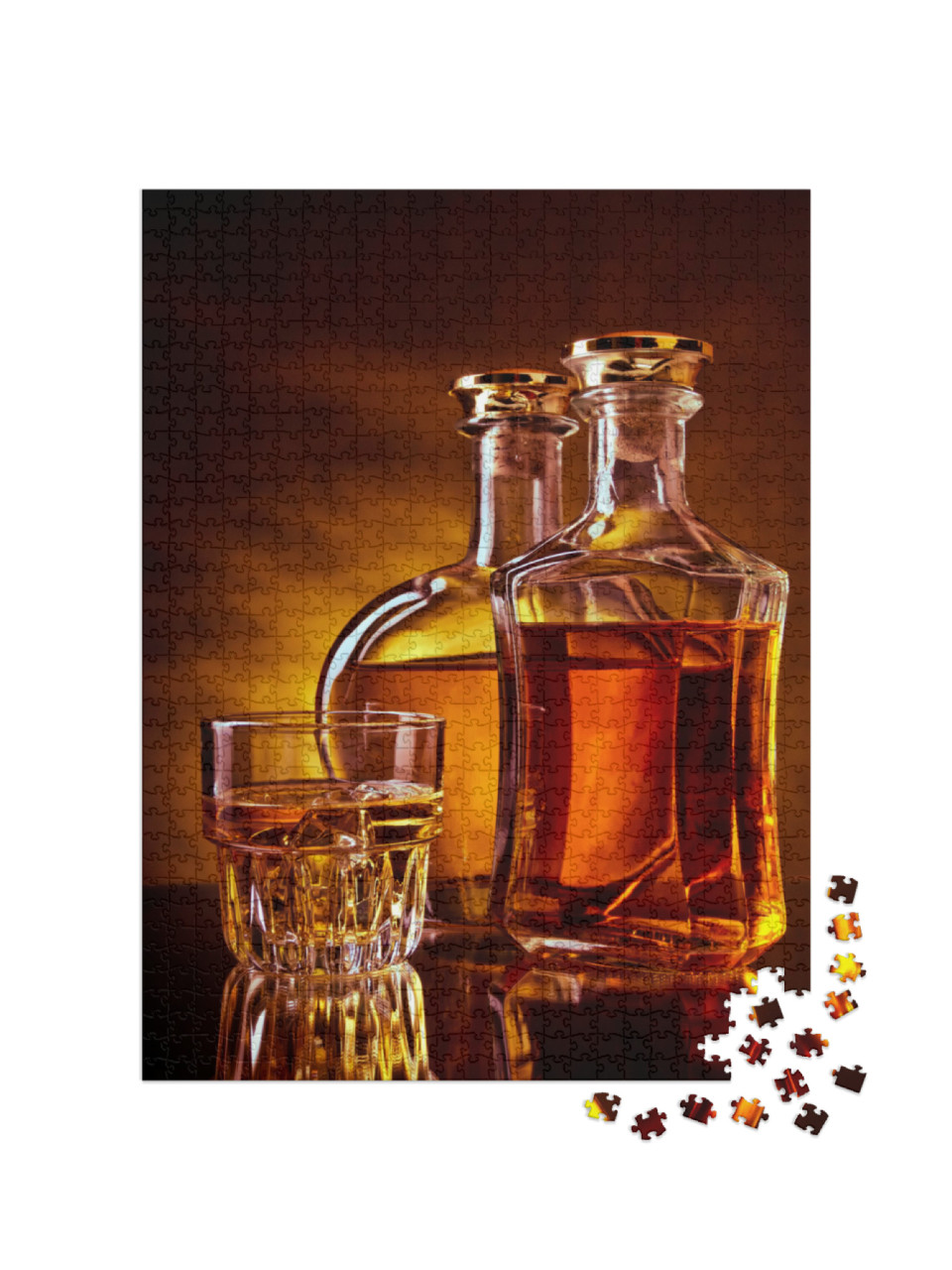 puzzle 1000 dílků „Sklenice s kostkami ledu a dvěma lahvemi whisky“