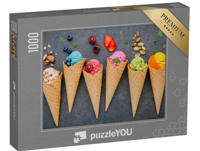 puzzle 1000 dílků „Kopečky zmrzliny: Borůvková, jahodová, pistáciová“