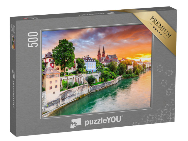 puzzle 500 dílků „Staré město Basilej s červenou katedrálou na Rýně, Švýcarsko“