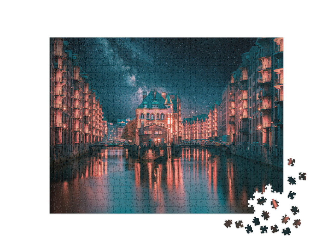 puzzle 1000 dílků „Mléčná dráha nad osvětlenou skladištní čtvrtí v Hamburku“