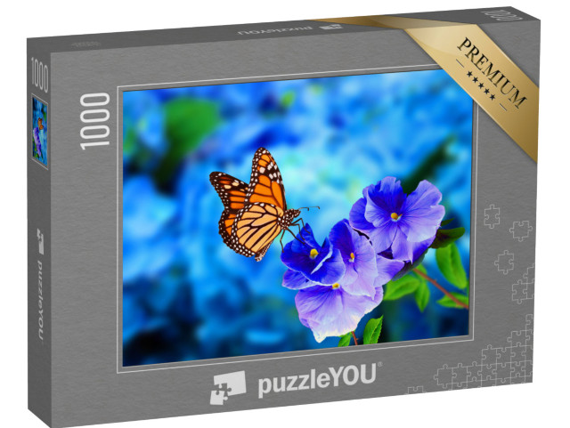 puzzle 1000 dílků „Motýl monarcha na modrofialové hortenzii“