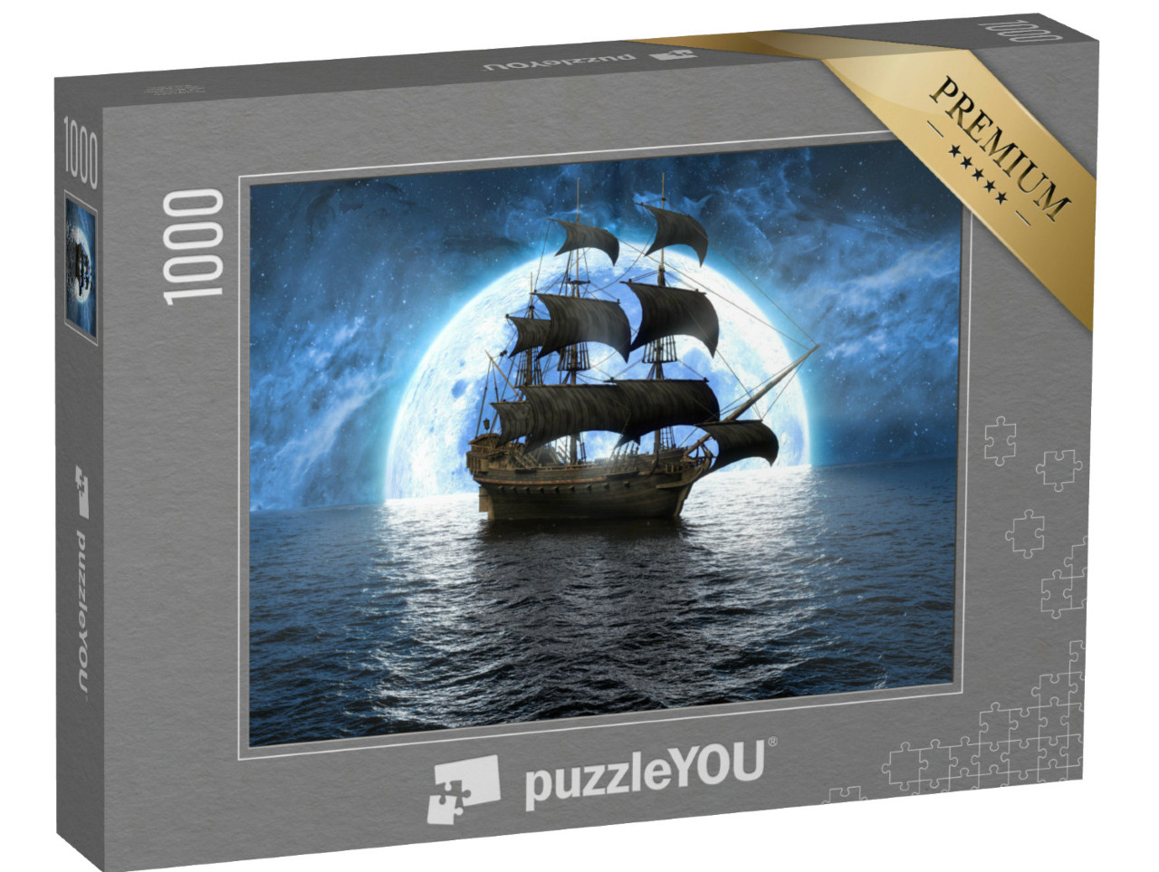 puzzle 1000 dílků „Ilustrace: Plachetnice na širém moři před obrovským úplňkem“