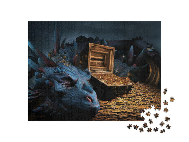 puzzle 1000 dílků „Fantasy scéna s modrým drakem“