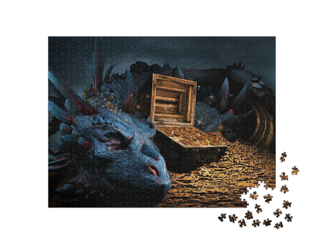 puzzle 1000 dílků „Fantasy scéna s modrým drakem“