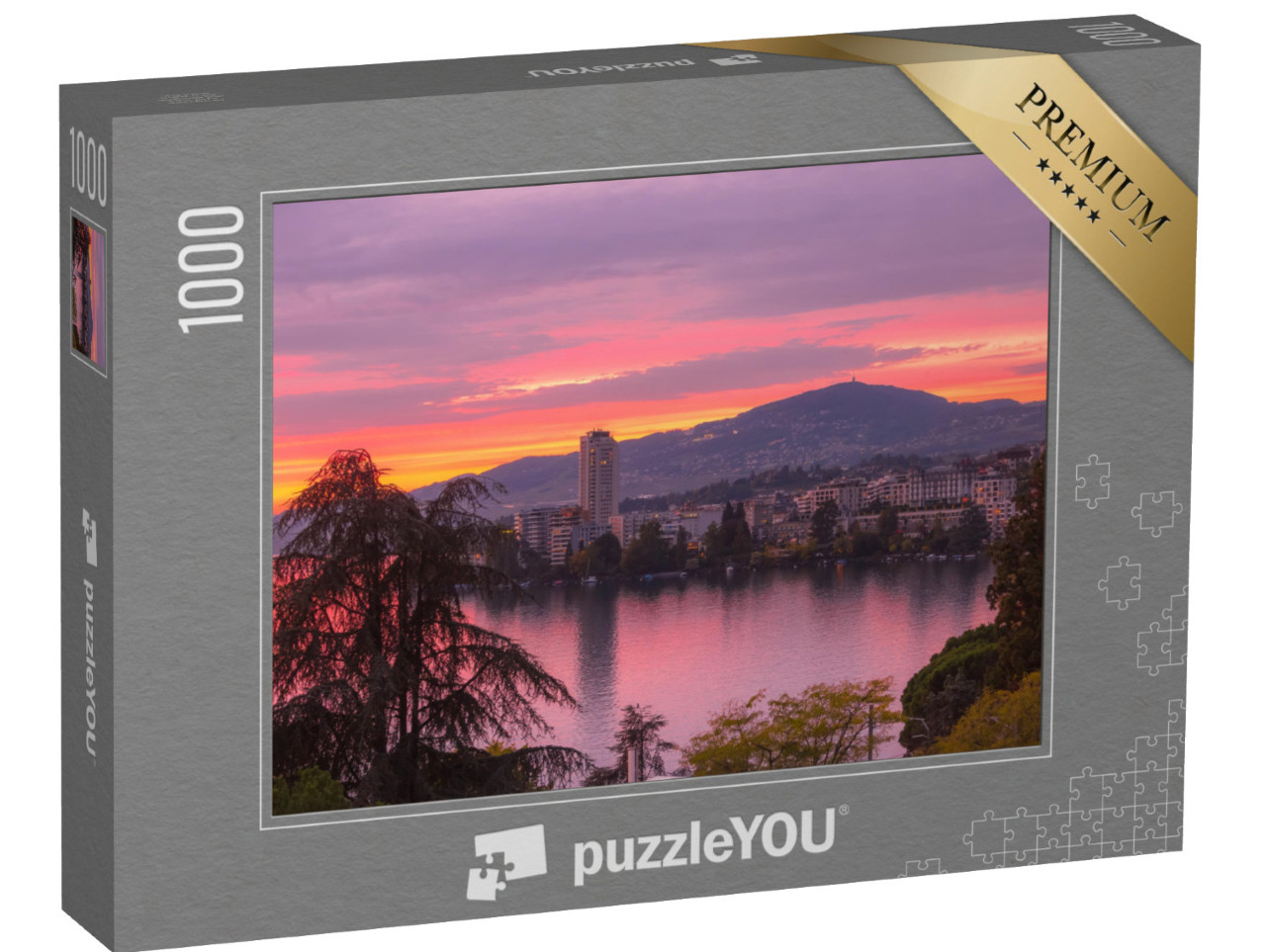 puzzle 1000 dílků „Západ slunce s výhledem na Montreux a Ženevské jezero, Švýcarsko“