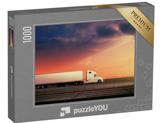 puzzle 1000 dílků „Bílý kamion na dálnici se západem slunce“