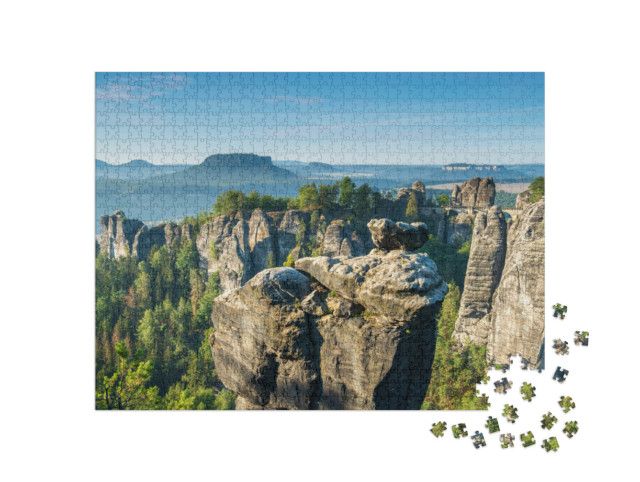 puzzle 1000 dílků „Most Bastei a skalní útvary v údolí Labe, Národní park Saské Švýcarsko“
