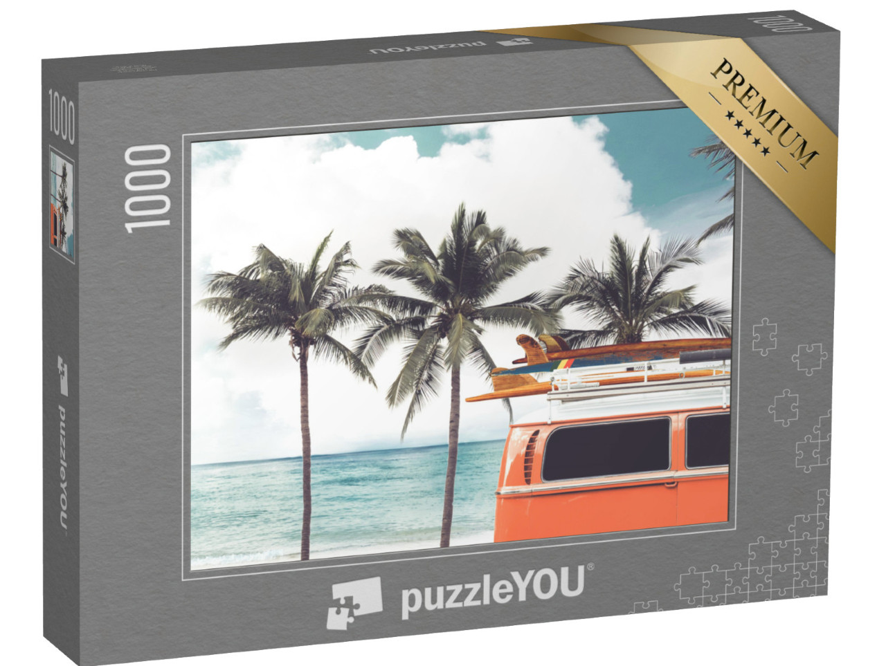 puzzle 1000 dílků „Surf trip: historický autobus na palmové pláži“