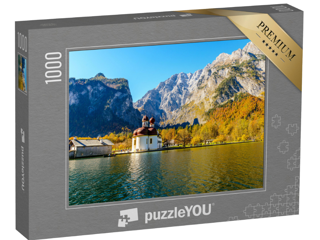 puzzle 1000 dílků „Kostel sv. Bartoloměje u jezera Königssee na podzim, Bavorsko, Německo“