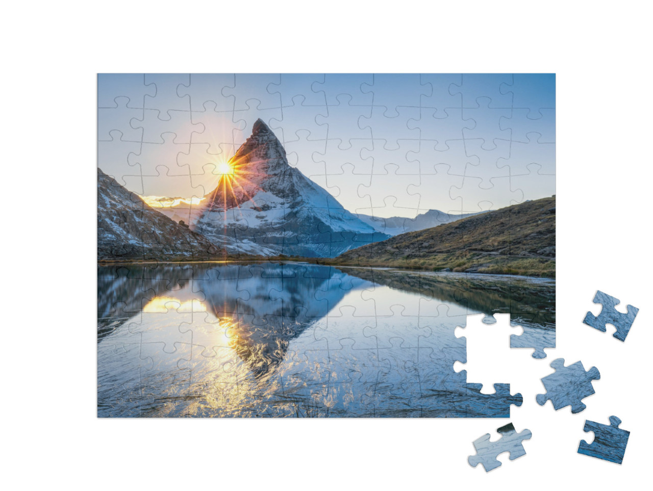 puzzle 100 dílků „Riffelsee a Matterhorn v kantonu Valais, Švýcarsko“