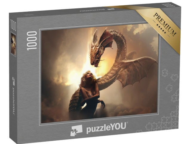 puzzle 1000 dílků „Blonďatá dívka a drak ve světě fantazie“