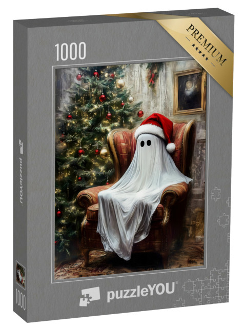 puzzle 1000 dílků „Dětský duch se santovskou čepicí vedle vánočního stromku“