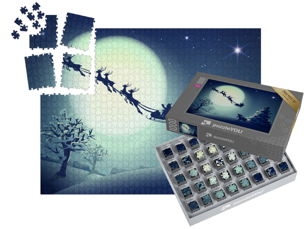 SMART SORTED® | Puzzle 1000 dílků „Otec Vánoc na saních, sobi, úplněk, přáníčko“