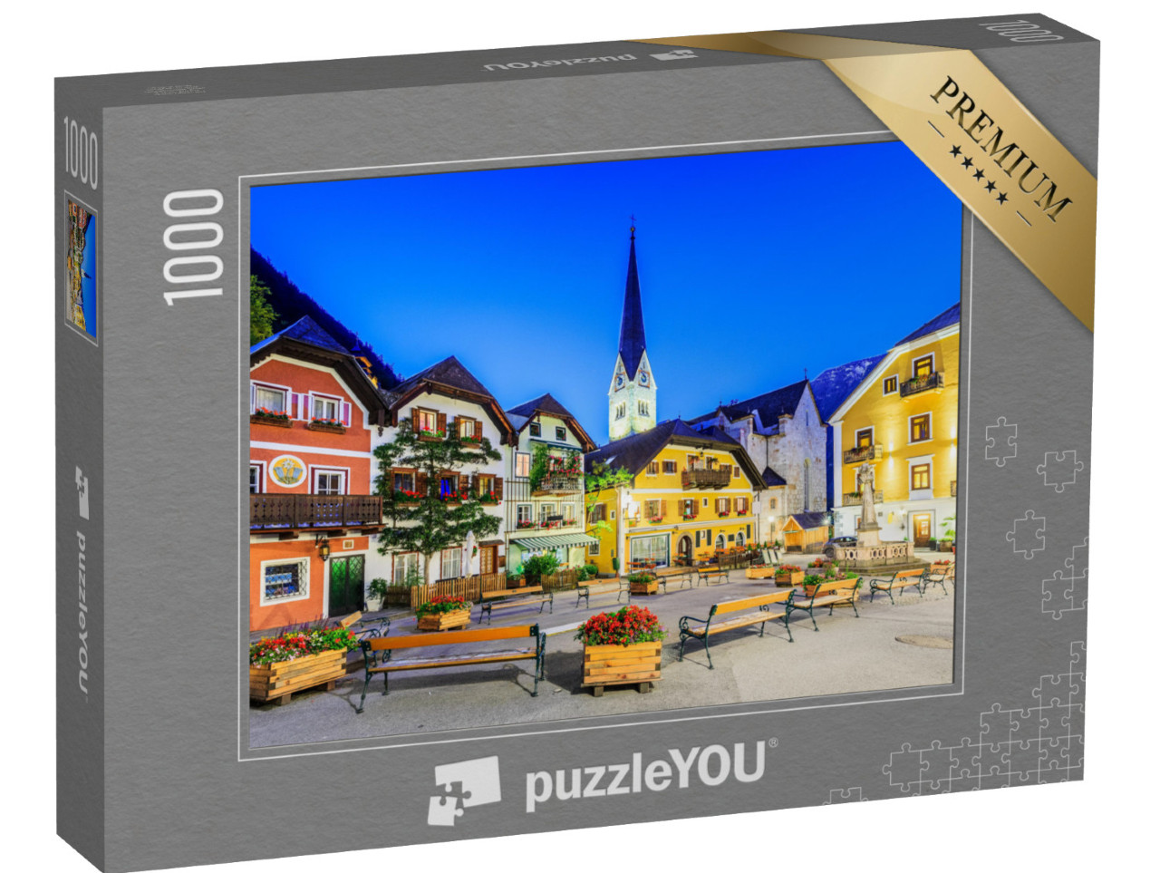 puzzle 1000 dílků „Hallstatt, Rakousko, horská vesnice v rakouských Alpách za soumraku“