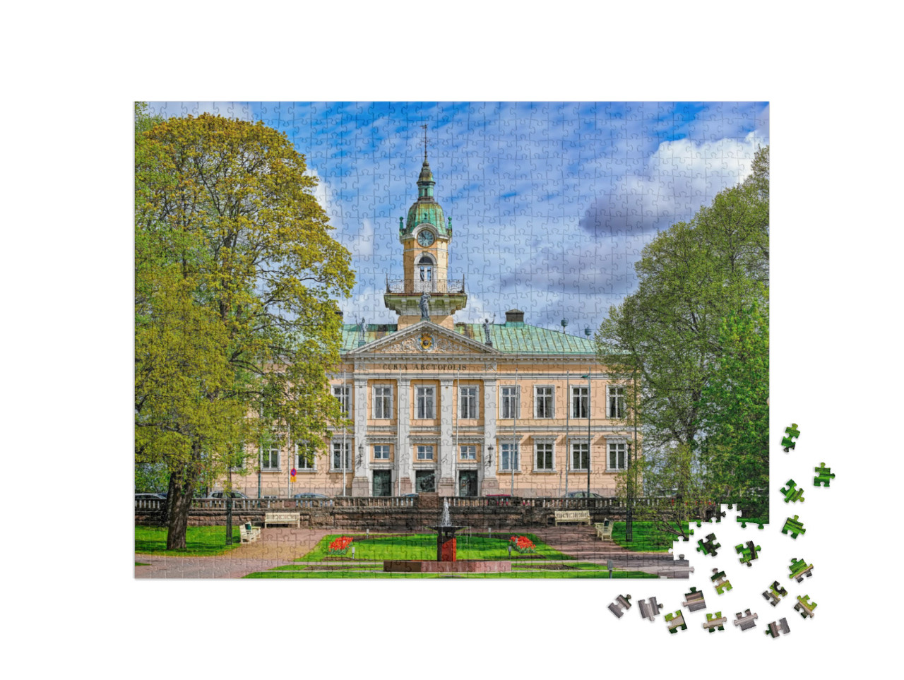 puzzle 1000 dílků „Raatihuoneenpuisto, radniční park v Pori, Finsko“