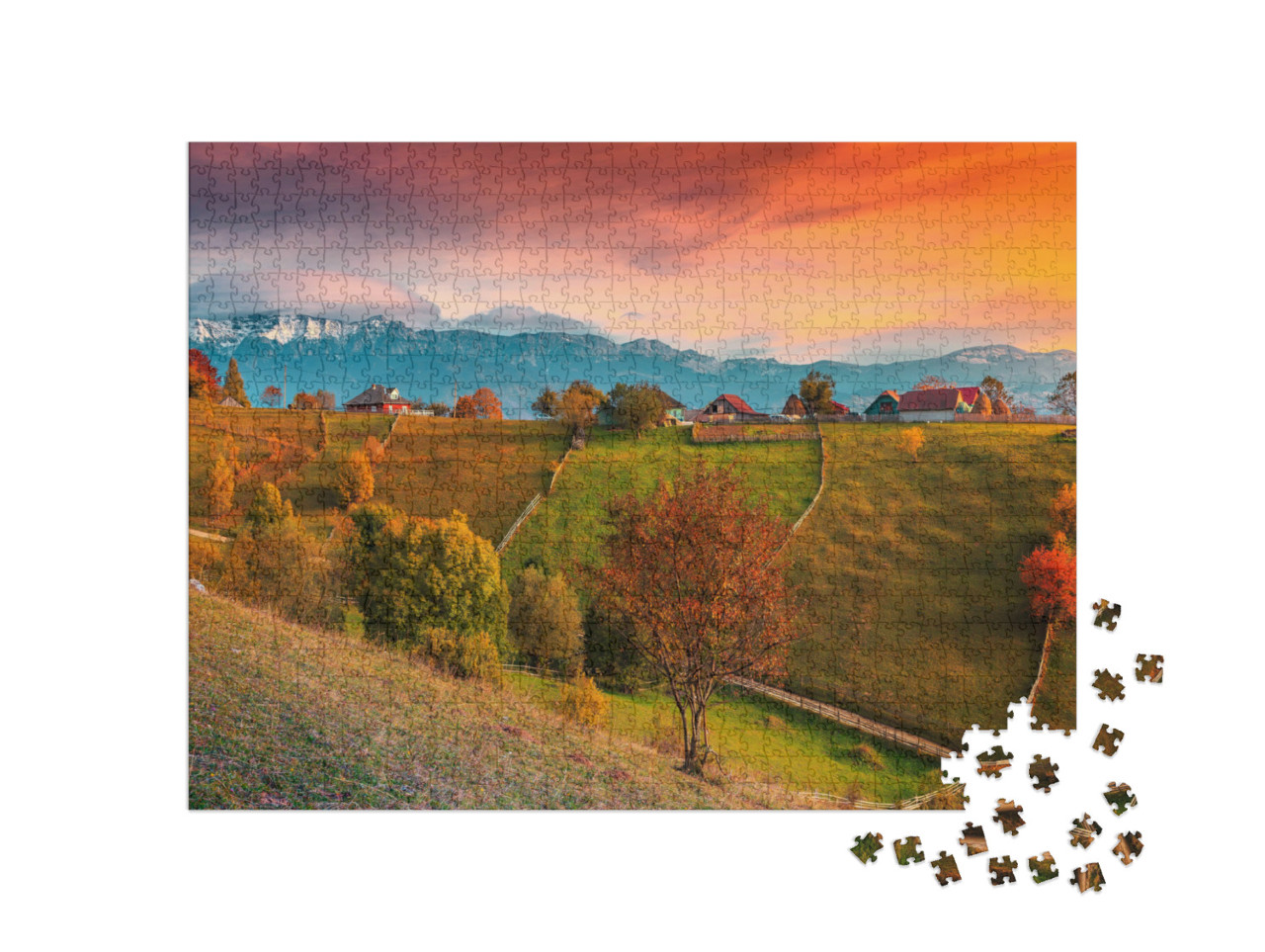 puzzle 1000 dílků „Podzimní krajina s horami, Magura, Transylvánie, Rumunsko“