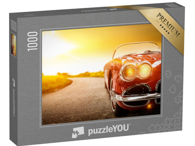 puzzle 1000 dílků „Retro auto na silnici při zlatém západu slunce“