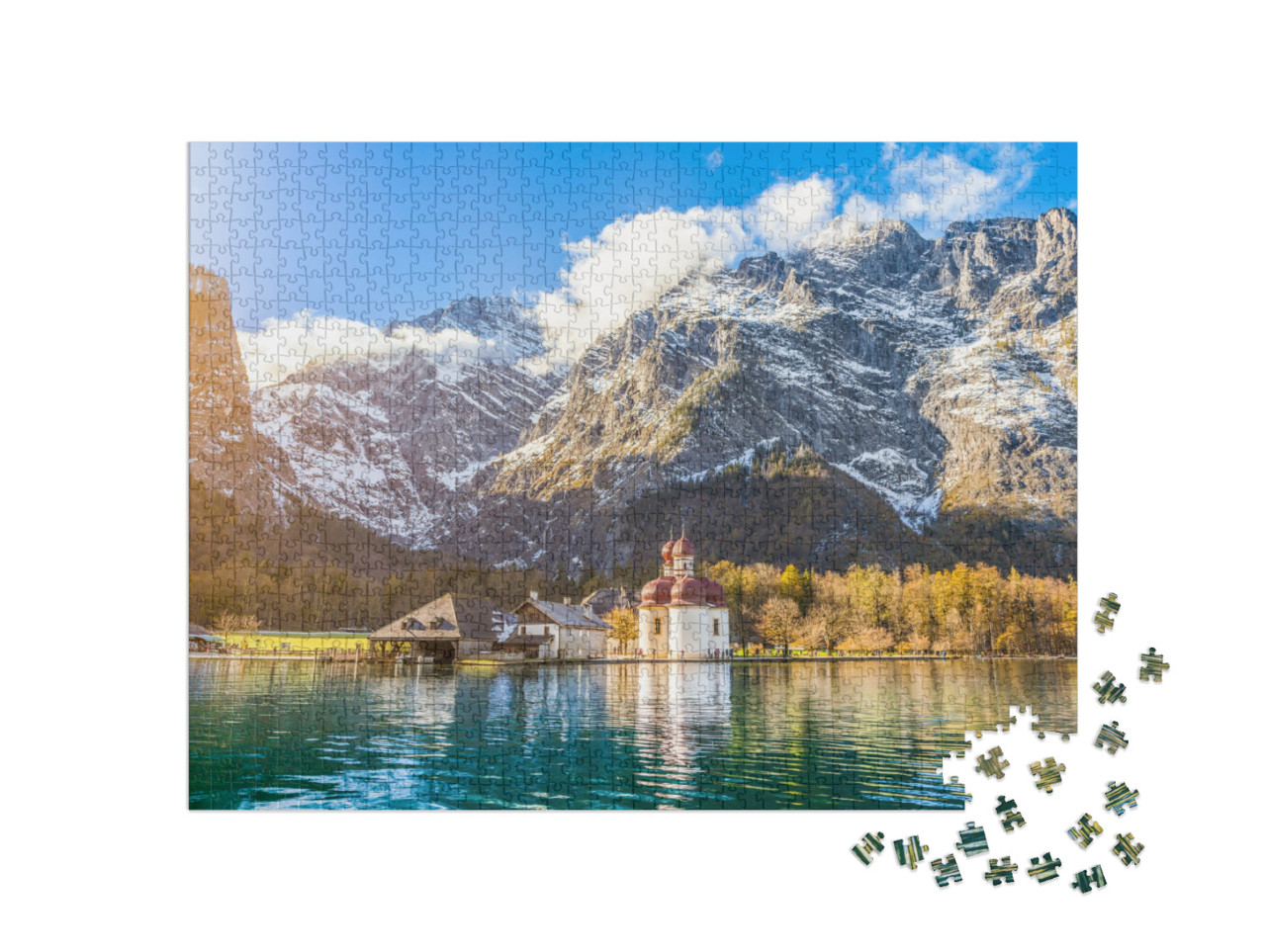 puzzle 1000 dílků „Malebná horská krajina u jezera Königssee v Bavorsku, Německo“