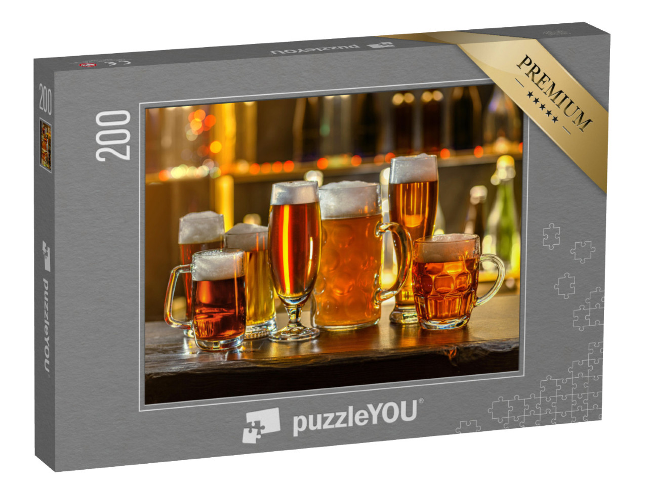 puzzle 200 dílků „Sklenice piva na barovém pultu. Džbány, hrnky, půllitry piva a...“