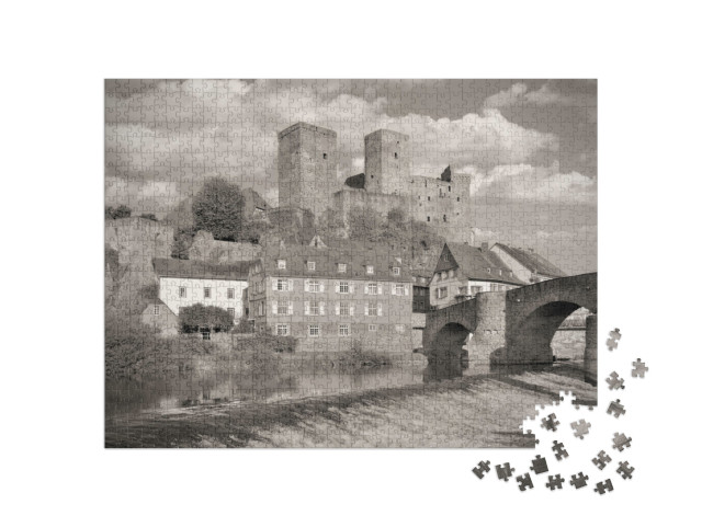 puzzle 1000 dílků „Středověká vesnice Runkel an der Lahn, černobíle“