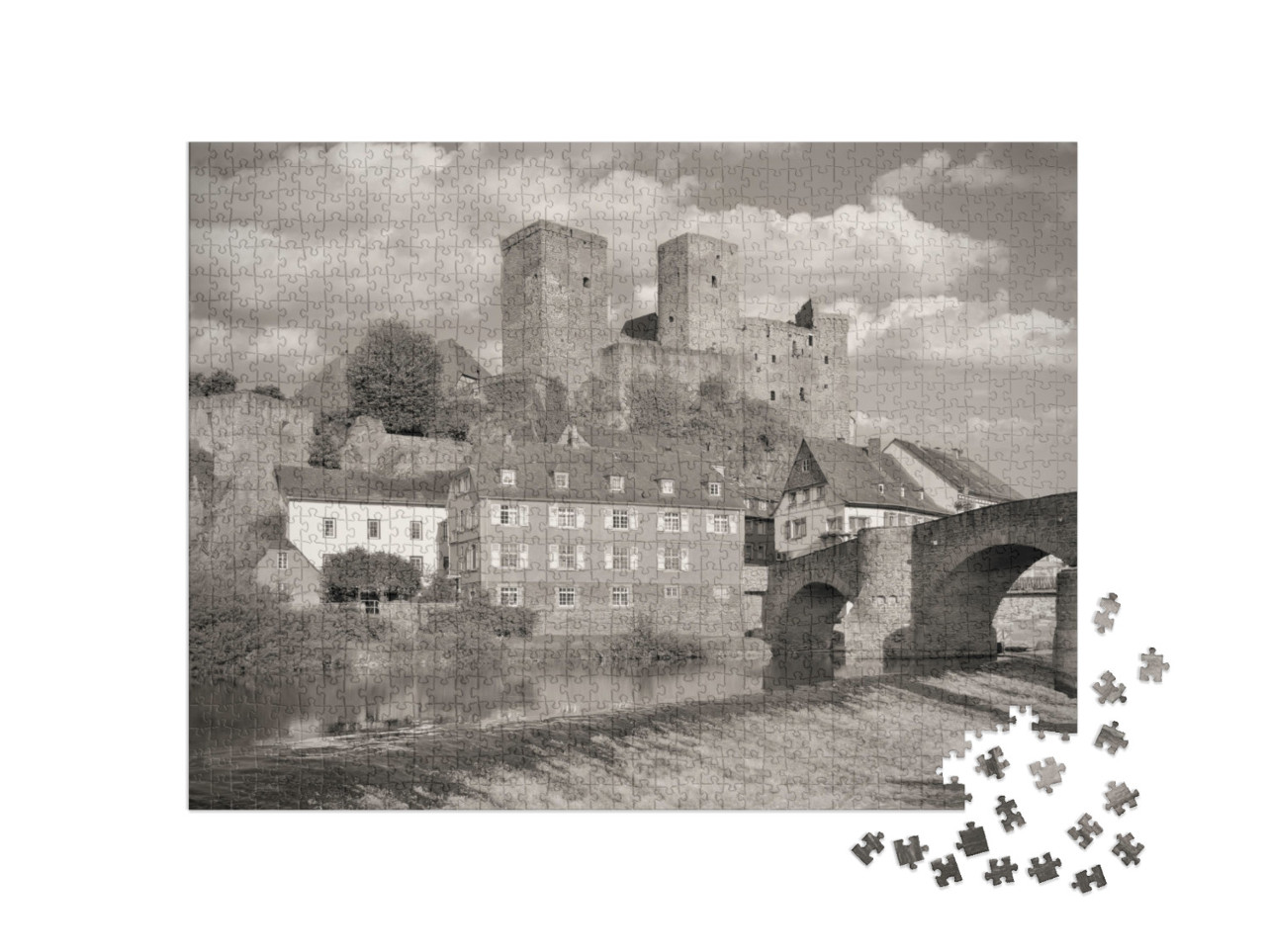 puzzle 1000 dílků „Středověká vesnice Runkel an der Lahn, černobíle“