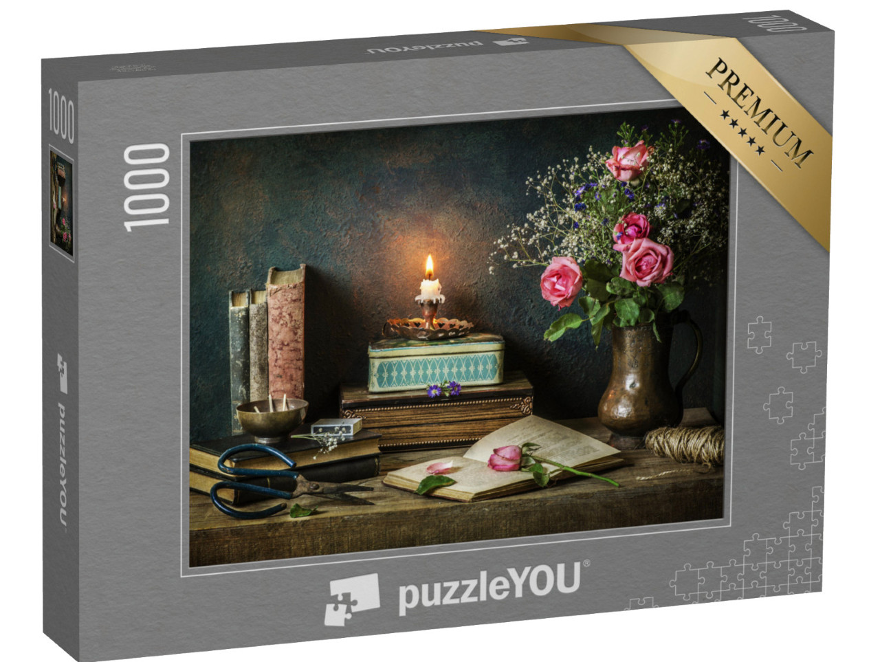 puzzle 1000 dílků „Zátiší se starými knihami, krabicemi a růžemi“