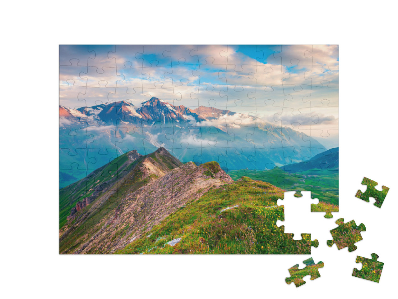 puzzle 100 dílků „Letní ráno na Grossglockneru: vysokohorská silnice, Salcburk, Rakousko“