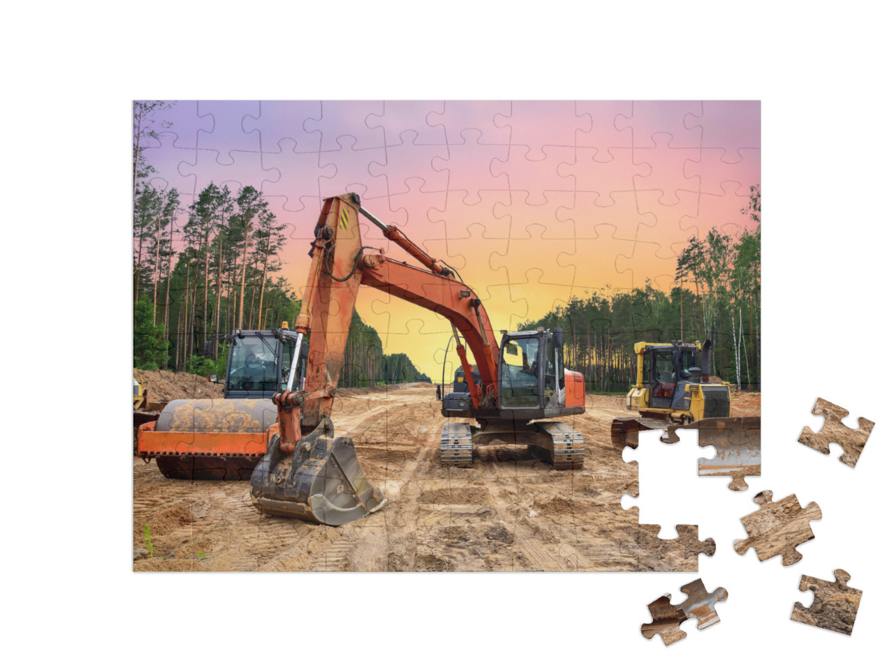 puzzle 100 dílků „Buldozery, bagry a zhutňovače zeminy pro silniční stavby“