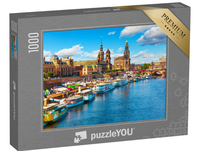 puzzle 1000 dílků „Letní pohled na architekturu starého města s břehy Labe, Drážďany, Sasko, Německo“