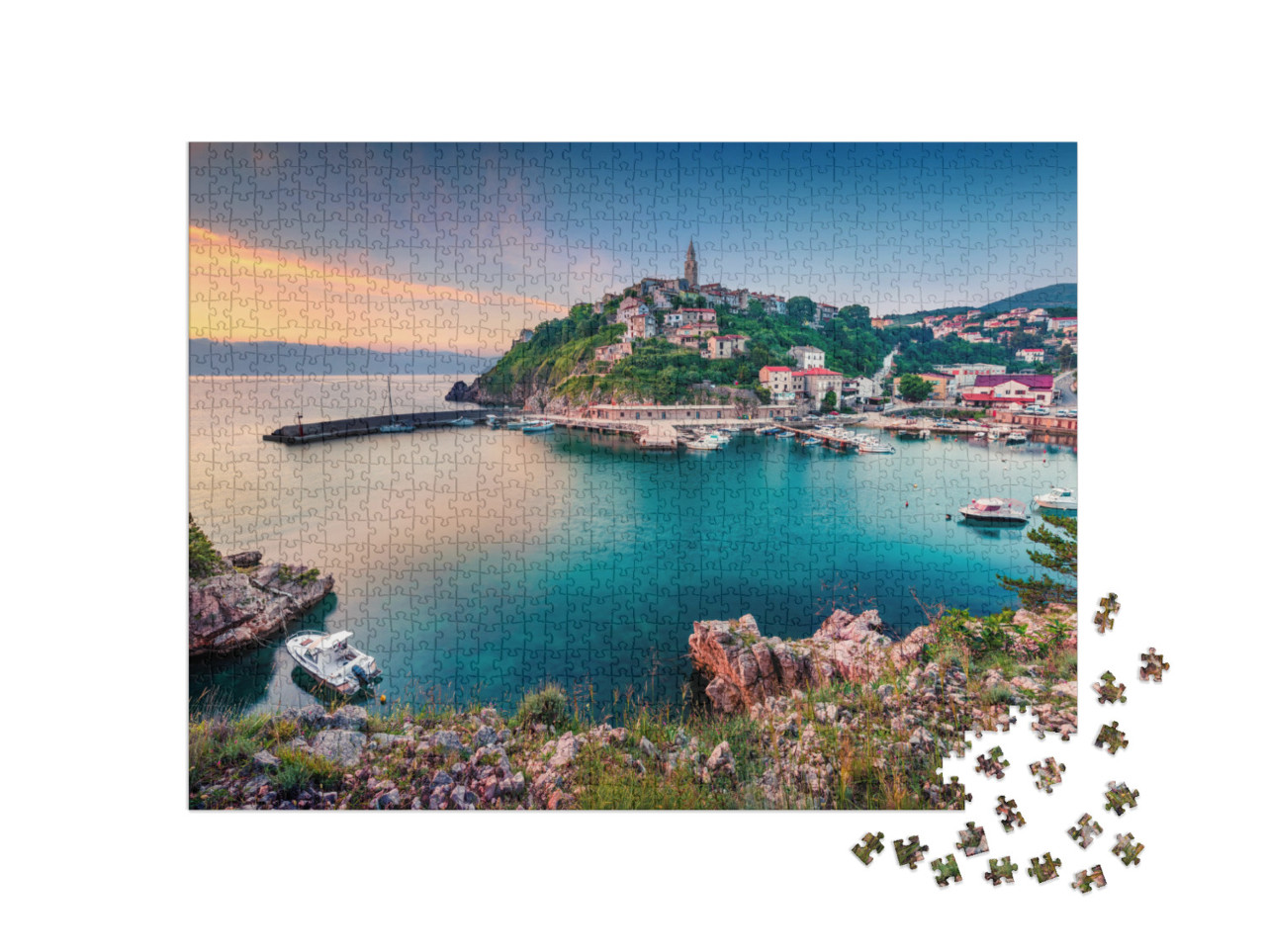 puzzle 1000 dílků „Ranní panorama města Vrbnik, Krk, Chorvatsko“