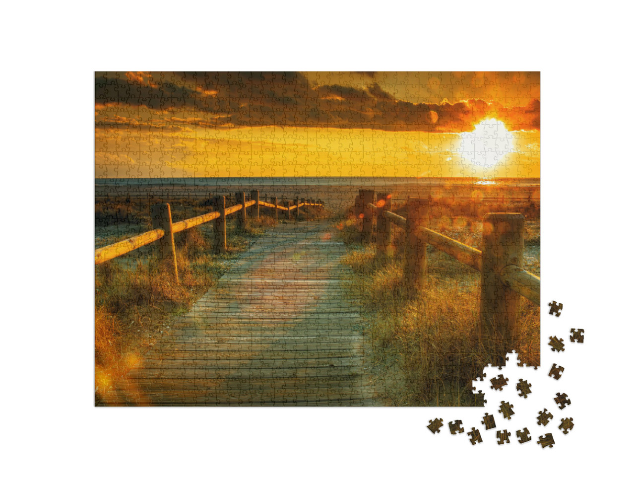 puzzle 1000 dílků „Dřevěný chodník k západu slunce na pláži“