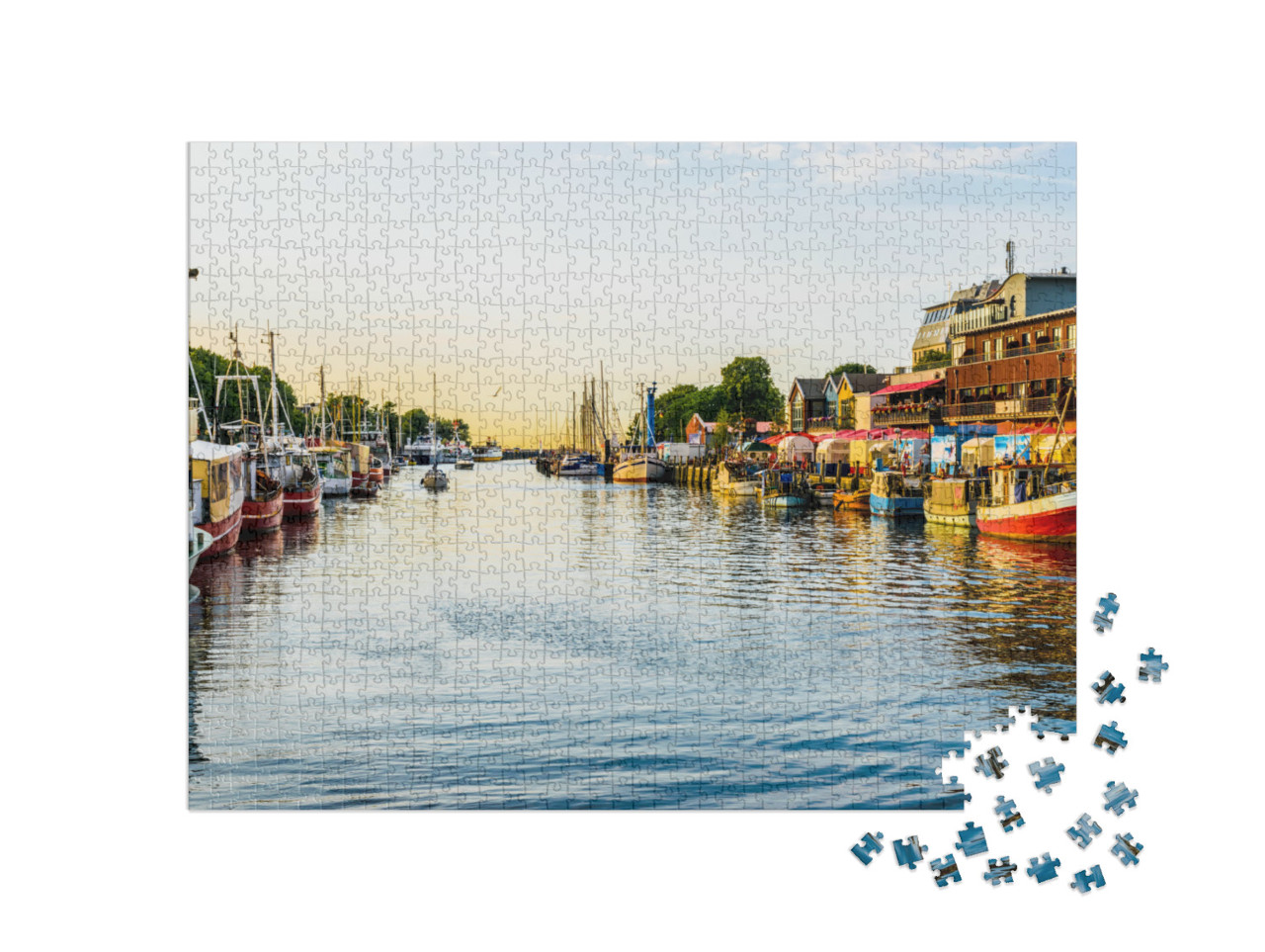 puzzle 1000 dílků „Kanál s loděmi a Baltským mořem ve Warnemünde, Rostock, Německo“