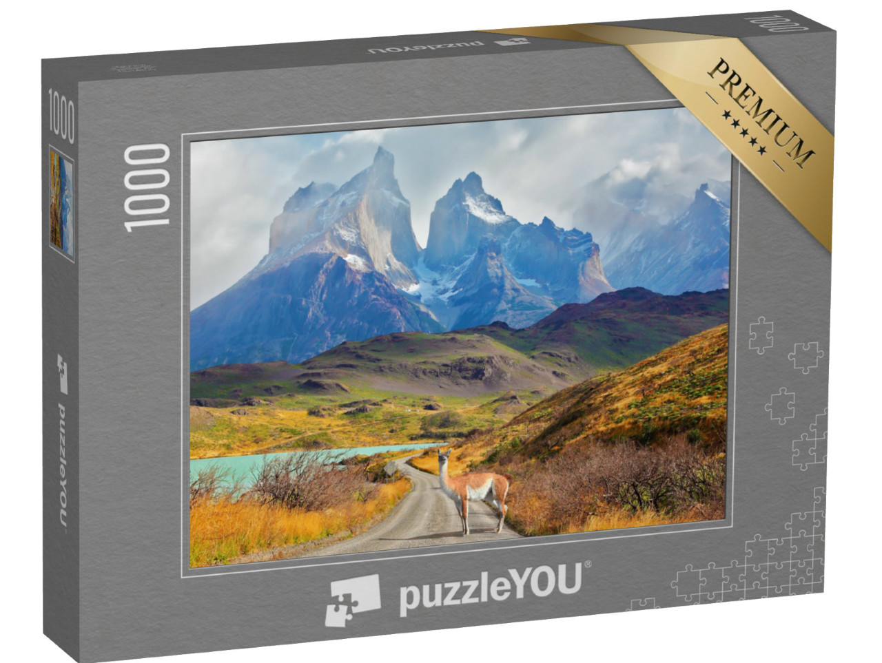 puzzle 1000 dílků „Vrchol Los Kuernos nad jezerem Pehoe, Patagonie, Chile“