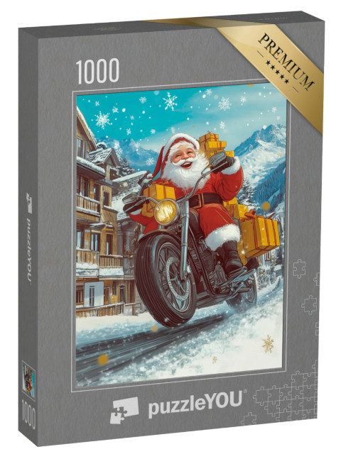 puzzle 1000 dílků „Santa rozdává dárky na motorce“