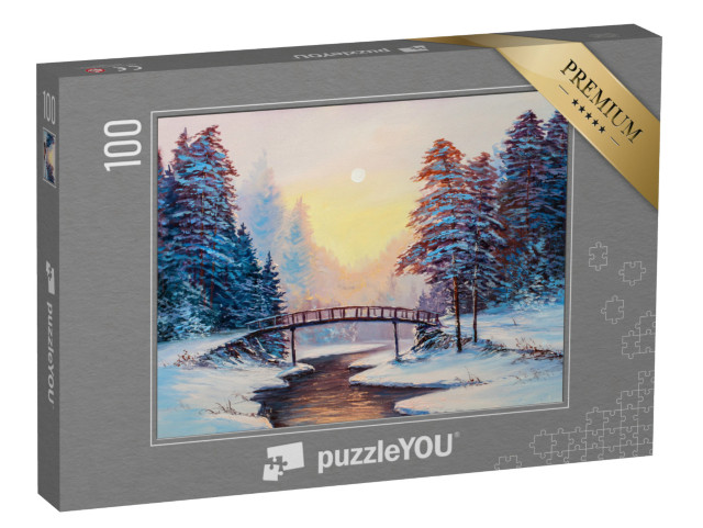 puzzle 100 dílků „Zimní krajina s řekou, originální olejomalba“