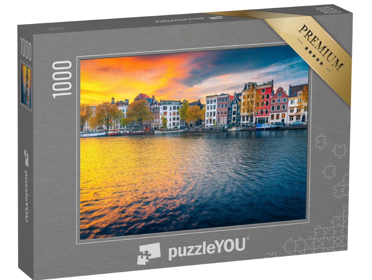 puzzle 1000 dílků „Kanál při západu slunce, Amsterdam, Nizozemsko“