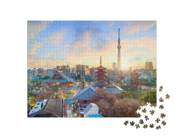 puzzle 1000 dílků „Tokijské panorama s chrámem Sensódži a Tokijskou věží Skytree“