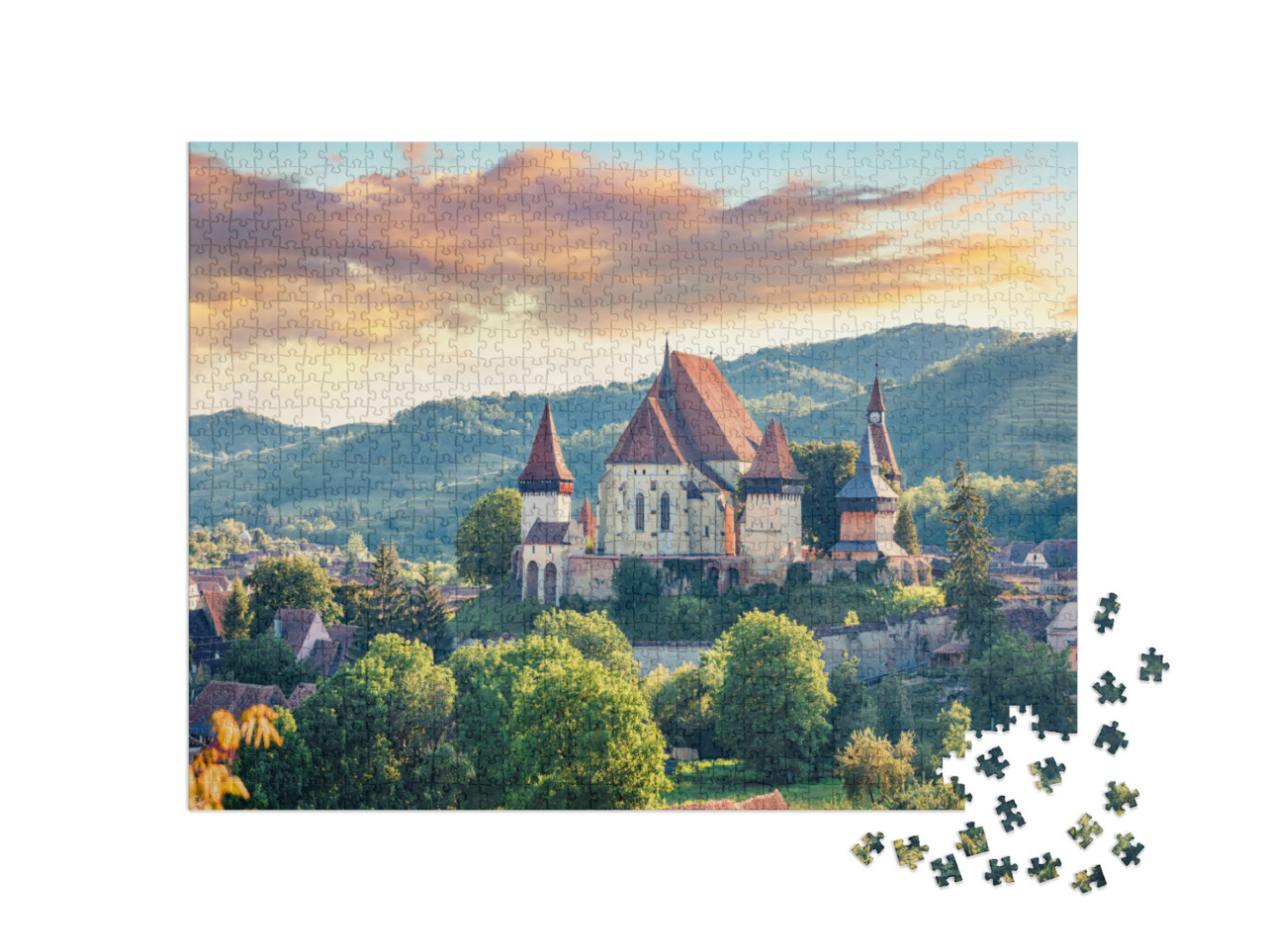 puzzle 1000 dílků „Opevněný kostel v Biertanu, památka UNESCO, Rumunsko“